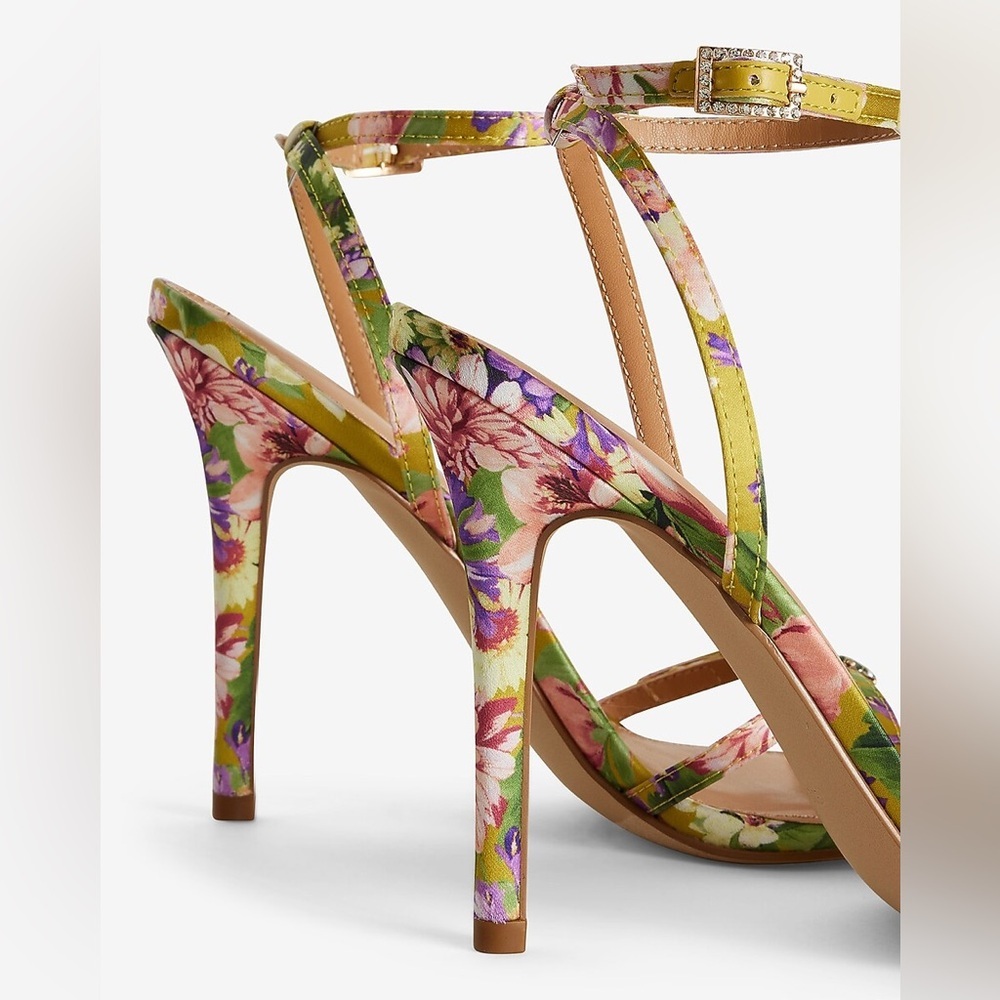 Express Pointed Toe Floral Satin Sandals - Rhinestone Detail - Women's 8 - Picture 2 of 13